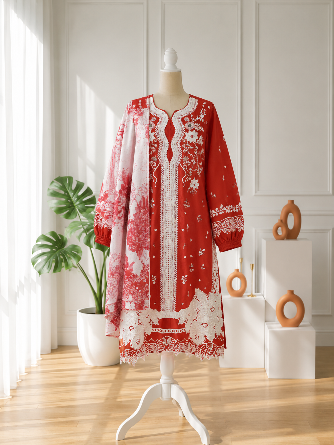 ChatGPT Image Jul 14, 2026, 11_37_41 PM - Copy - Copy Rust Red & White Lace Embroidered 3-Piece - Image 1