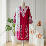 Deep Magenta Cutwork Embroidered 3-Piece Outfit