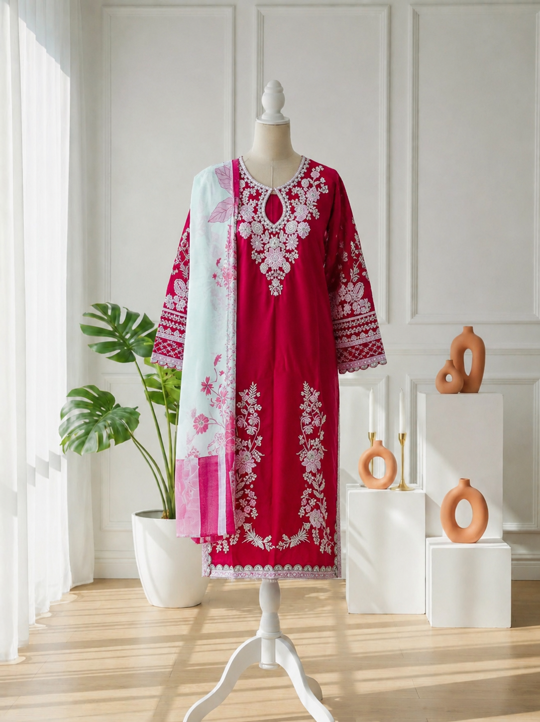ChatGPT Image Jul 15, 2026, 12_32_26 AM Deep Magenta Cutwork Embroidered 3-Piece Outfit - Image 1