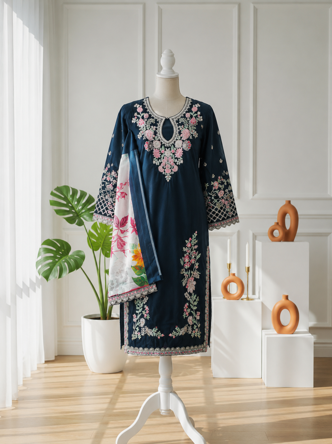 ChatGPT Image Jul 15, 2026, 12_38_08 AM Premium Dark Navy Blue & Floral Printed Dupatta Three-Piece - Image 1
