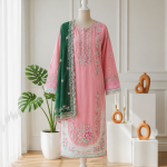 Premium Soft Pink & Bottle Green Contrast Three-Piece