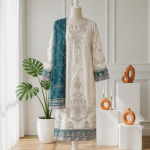 Premium Off-White & Teal Blue Embroidered Three-Piece