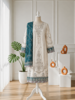 Premium Off-White & Teal Blue Embroidered Three-Piece