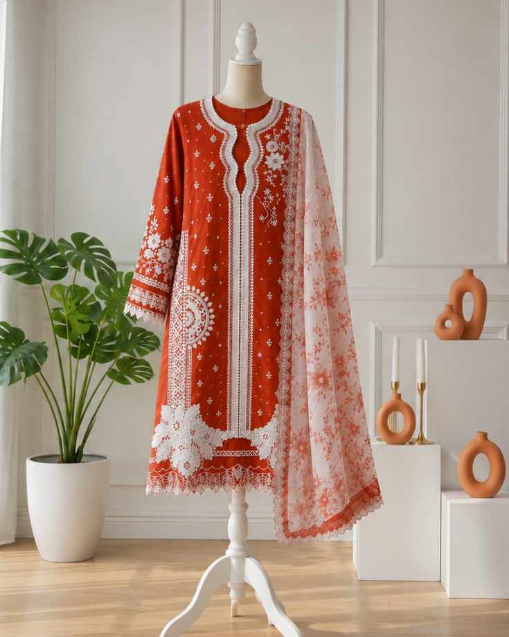 Image Jul 30, 2026, 03_25_12 PM Rust Red & White Lace Embroidered 3-Piece - Image 1