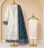 Premium Off-White & Teal Blue Embroidered Three-Piece - Image 2